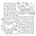 Maze or Labyrinth Game. Puzzle. Coloring Page Outline Of Santa Claus with gifts bag and Christmas tree. New year. Christmas. Royalty Free Stock Photo