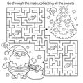 Maze or Labyrinth Game. Puzzle. Coloring Page Outline Of Santa Claus with gifts bag and Christmas tree. New year. Christmas. Royalty Free Stock Photo