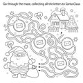 Maze or Labyrinth Game. Puzzle. Coloring Page Outline Of Santa Claus with gifts bag and Christmas tree. New year. Christmas. Royalty Free Stock Photo