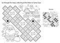 Maze or Labyrinth Game. Puzzle. Coloring Page Outline Of Santa Claus with gifts bag and Christmas tree. New year. Christmas.