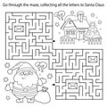 Maze or Labyrinth Game. Puzzle. Coloring Page Outline Of Santa Claus with gifts bag and Christmas tree. New year. Christmas.