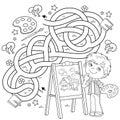 Maze or Labyrinth Game. Puzzle. Tangled road. Coloring Page Outline Of cartoon boy with brush and paints. Little artist with easel