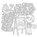 Maze or Labyrinth Game. Puzzle. Tangled road. Coloring Page Outline Of cartoon boy with brush and paints. Little artist with easel Royalty Free Stock Photo