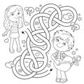 Maze or Labyrinth Game. Puzzle. Tangled road. Coloring Page Outline Of cartoon boy with heart and cute girl. Valentine`s day.