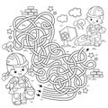 Maze or Labyrinth Game. Puzzle. Tangled road. Coloring Page Outline Of cartoon builders with cement mortar and trowel.