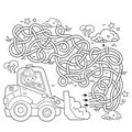 Maze or Labyrinth Game. Puzzle. Tangled road. Coloring Page Outline Of cartoon bulldozer. Construction vehicles. Profession.