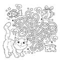 Maze or Labyrinth Game. Puzzle. Tangled road. Coloring Page Outline Of cartoon cat with sausage, fish and cheese. Coloring book Royalty Free Stock Photo