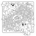 Maze or Labyrinth Game. Puzzle. Tangled road. Coloring Page Outline Of cartoon cats with fish. Coloring book for kids