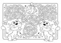 Maze or Labyrinth Game. Puzzle. Tangled road. Coloring Page Outline Of cartoon cats with sausage. Coloring book for kids