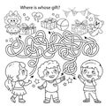 Maze or Labyrinth Game. Puzzle. Tangled road. Coloring Page Outline Of cartoon children with gifts and toys. Coloring book for Royalty Free Stock Photo