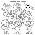 Maze or Labyrinth Game. Puzzle. Tangled road. Coloring Page Outline Of cartoon children with paints, soccer ball and skates. Who