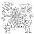 Maze or Labyrinth Game. Puzzle. Tangled road. Coloring Page Outline Of cartoon children with present. Whose gift? Coloring book