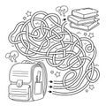 Maze or Labyrinth Game. Puzzle. Tangled road. Coloring Page Outline Of cartoon children satchel or knapsack with books or