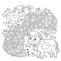 Maze or Labyrinth Game. Puzzle. Tangled road. Coloring Page Outline Of cartoon cow with little calf. Farm animals with their cubs