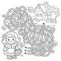 Maze or Labyrinth Game. Puzzle. Tangled road. Coloring Page Outline Of cartoon cute girl with basket walking home along the path. Royalty Free Stock Photo