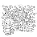 Maze or Labyrinth Game. Puzzle. Tangled road. Coloring Page Outline Of cartoon cute girl with basket walking home along the path. Royalty Free Stock Photo