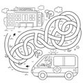 Maze or Labyrinth Game. Puzzle. Tangled road. Coloring Page Outline Of cartoon doctor with ambulance car near the hospital.