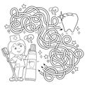 Maze or Labyrinth Game. Puzzle. Tangled road. Coloring Page Outline Of cartoon doctor with toothbrush and toothpaste. Coloring