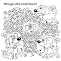 Maze or Labyrinth Game. Puzzle. Tangled road. Coloring Page Outline Of cartoon dogs with bone. Coloring book for kids