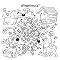 Maze or Labyrinth Game. Puzzle. Tangled road. Coloring Page Outline Of cartoon dogs with doghouse or kennel. Whose house ?