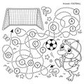 Maze or Labyrinth Game. Puzzle. Tangled road. Coloring Page Outline Of cartoon duck or duckling with soccer ball. Football. Sport