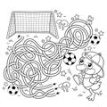 Maze or Labyrinth Game. Puzzle. Tangled road. Coloring Page Outline Of cartoon duck or duckling with soccer ball. Football. Sport