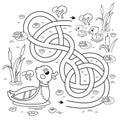 Maze or Labyrinth Game. Puzzle. Tangled road. Coloring Page Outline Of cartoon duck with little ducklings. Coloring book for kids