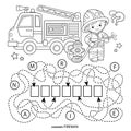 Maze or Labyrinth Game. Puzzle. Tangled road. Coloring Page Outline Of cartoon fireman or firefighter with fire truck. Fire Royalty Free Stock Photo