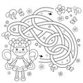 Maze or Labyrinth Game. Puzzle. Tangled road. Coloring Page Outline Of cartoon flower fairy with magic wand. Little kind wizard or