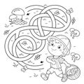 Maze or Labyrinth Game. Puzzle. Tangled road. Coloring Page Outline Of cartoon fun boy with basket. Little mushroom picker.