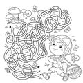 Maze or Labyrinth Game. Puzzle. Tangled road. Coloring Page Outline Of cartoon fun boy with basket. Little mushroom picker.