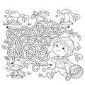 Maze or Labyrinth Game. Puzzle. Tangled road. Coloring Page Outline Of cartoon fun boy with basket. Little mushroom picker.