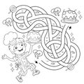 Maze or Labyrinth Game. Puzzle. Tangled road. Coloring Page Outline Of cartoon fun boy chef with cake. Little cook or scullion. Royalty Free Stock Photo