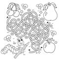 Maze or Labyrinth Game. Puzzle. Tangled road. Coloring Page Outline Of cartoon fun caterpillars with fruits. Coloring book for