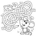 Maze or Labyrinth Game. Puzzle. Tangled road. Coloring Page Outline Of cartoon fun mouse with cheese. Coloring book for kids Royalty Free Stock Photo