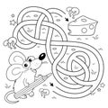 Maze or Labyrinth Game. Puzzle. Tangled road. Coloring Page Outline Of cartoon fun mouse with pencil. Collect all cheese. Coloring Royalty Free Stock Photo