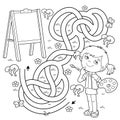 Maze or Labyrinth Game. Puzzle. Tangled road. Coloring Page Outline Of cartoon girl with brush and paints. Little artist with