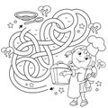 Maze or Labyrinth Game. Puzzle. Tangled road. Coloring Page Outline Of cartoon girl chef with large pot. Little cook or scullion.