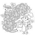 Maze or Labyrinth Game. Puzzle. Tangled road. Coloring Page Outline Of cartoon girl chef with large pot. Little cook or scullion.