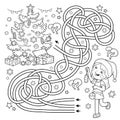 Maze or Labyrinth Game. Puzzle. Tangled Road. Coloring Page Outline Of cartoon girl decorating the Christmas tree. Christmas. New