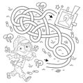 Maze or Labyrinth Game. Puzzle. Tangled road. Coloring Page Outline Of cartoon girl detective with loupe. Young Sherlock Holmes.