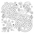 Maze or Labyrinth Game. Puzzle. Tangled Road. Coloring Page Outline Of cartoon girl making Christmas paper lanterns. Christmas.