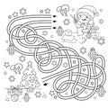 Maze or Labyrinth Game. Puzzle. Tangled Road. Coloring Page Outline Of cartoon girl making Christmas paper lanterns. Christmas.