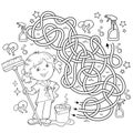 Maze or Labyrinth Game. Puzzle. Tangled road. Coloring Page Outline Of cartoon girl with mop and bucket. Housework and cleaning. Royalty Free Stock Photo