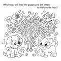 Maze or Labyrinth Game. Puzzle. Tangled road. Coloring Page Outline Of cartoon little cat and dog with favorite foods. Pets. Royalty Free Stock Photo