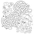 Maze or Labyrinth Game. Puzzle. Tangled road. Coloring Page Outline Of cartoon little chick or chicken with umbrella in the rain.