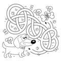 Maze or Labyrinth Game. Puzzle. Tangled road. Coloring Page Outline Of cartoon little dog with bone. Dachshund puppy. Coloring