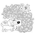 Maze or Labyrinth Game. Puzzle. Tangled road. Coloring Page Outline Of cartoon little dog with bone. Dachshund puppy. Coloring