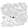 Maze or Labyrinth Game. Puzzle. Tangled road. Coloring Page Outline Of cartoon little dog with doghouse or kennel. Coloring book