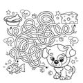 Maze or Labyrinth Game. Puzzle. Tangled road. Coloring Page Outline Of cartoon little dog with food. Puppy. Coloring book for kids